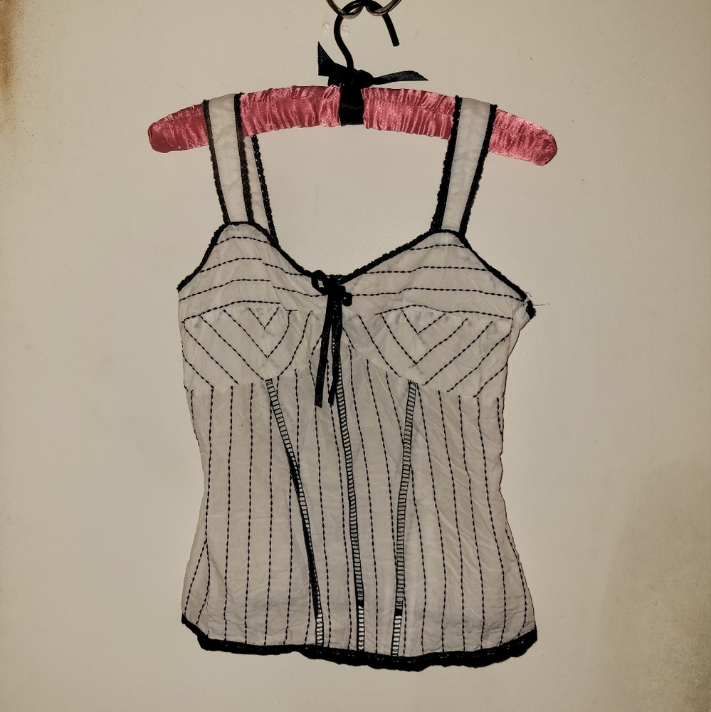 Sheer Black and White Striped Top with Pink Accents